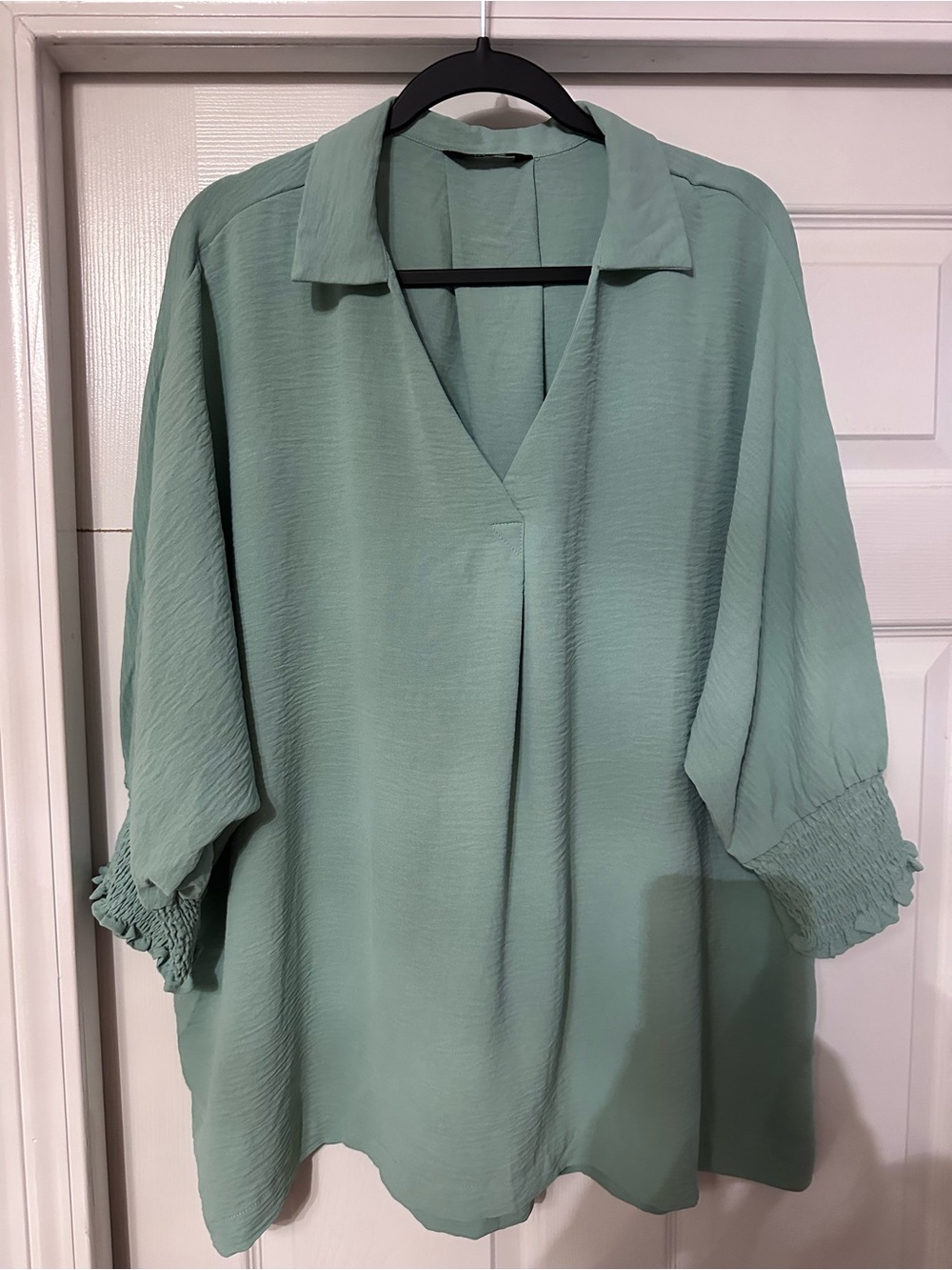 Soft Collared V-Neck Blouse in Sage Green